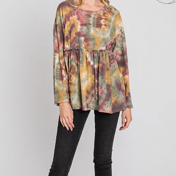 GeeGee Plus Tie Dye Babydoll Long Sleeve Top - Picture 1 of 8